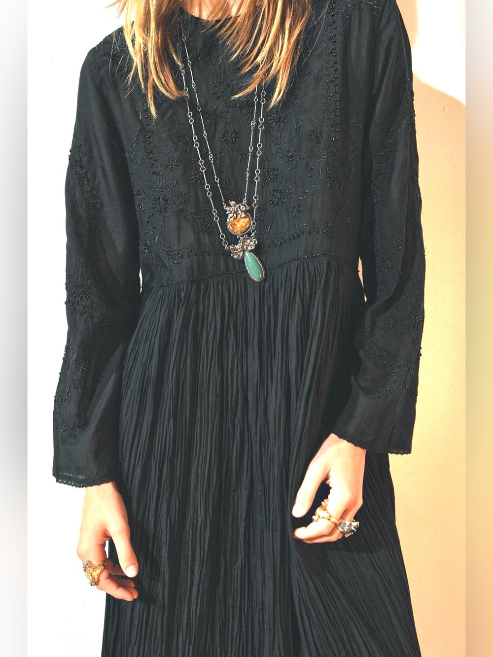Zara Embroidered Beaded Dress Crinkled Viscose Cotton Round Neckline Long Sleeve